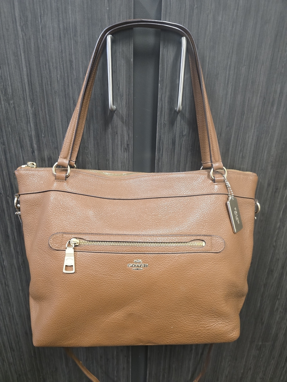 Coach Pebble Leather Zip Top Tote Crossbody Shoulder Bag Cognac Brown